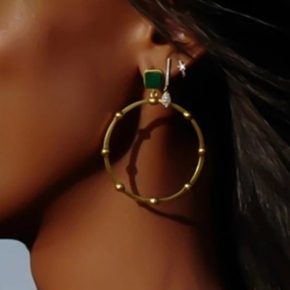 Jewelry - NEW 18K Gold Plated Square Malachite Round Bead Hoop Earrings
